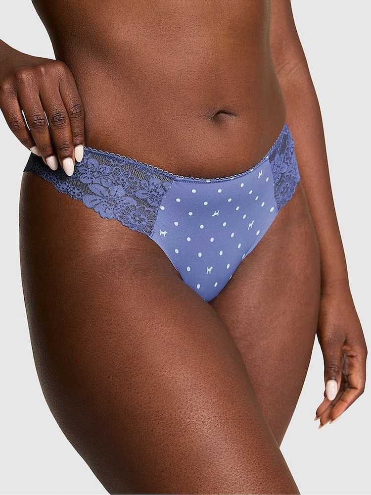 Victoria's Secret PINK Dusty Iris Blue Dog Print Thong No Show Lace Trim Knicker - Image 1 of 2