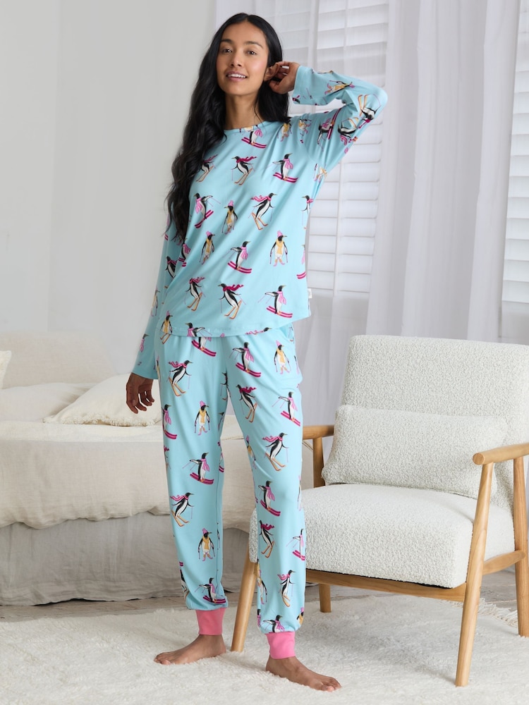 Chelsea Peers Blue Skiing Penguins Print Long Pyjamas Set - Image 1 of 6 Chelsea Peers Blue Skiing Penguins Print Long Pyjamas Set - Image 1 of 6