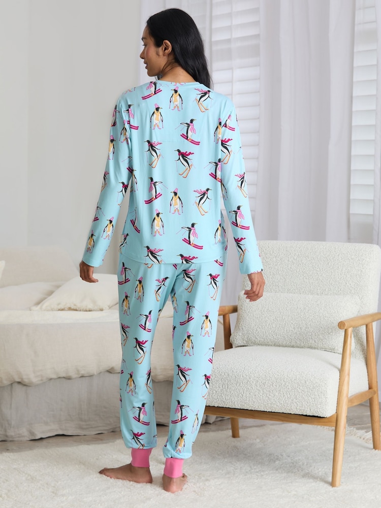 Chelsea Peers Blue Skiing Penguins Print Long Pyjamas Set - Image 2 of 6 Chelsea Peers Blue Skiing Penguins Print Long Pyjamas Set - Image 2 of 6