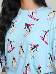 Chelsea Peers Blue Skiing Penguins Print Long Pyjamas Set - Image 3 of 6