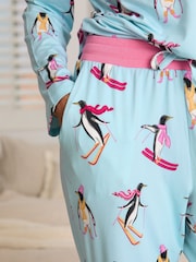Chelsea Peers Blue Skiing Penguins Print Long Pyjamas Set - Image 4 of 6