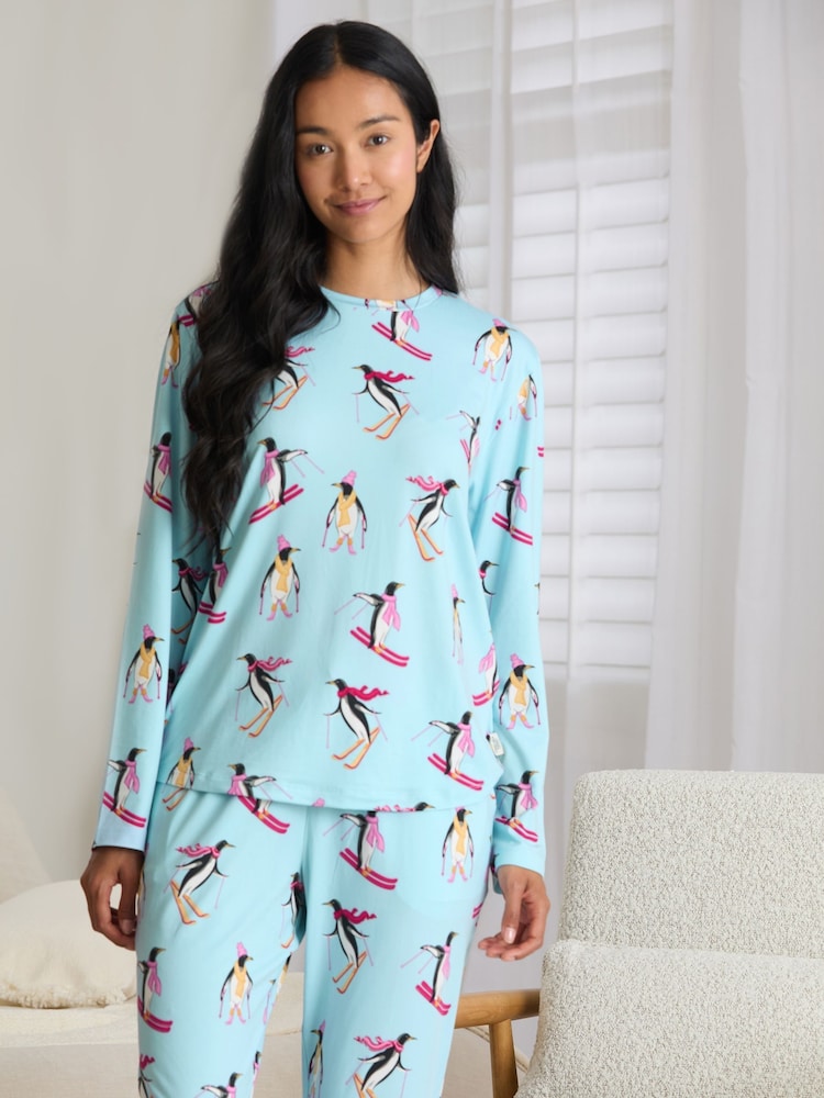 Chelsea Peers Blue Skiing Penguins Print Long Pyjamas Set - Image 6 of 6 Chelsea Peers Blue Skiing Penguins Print Long Pyjamas Set - Image 6 of 6