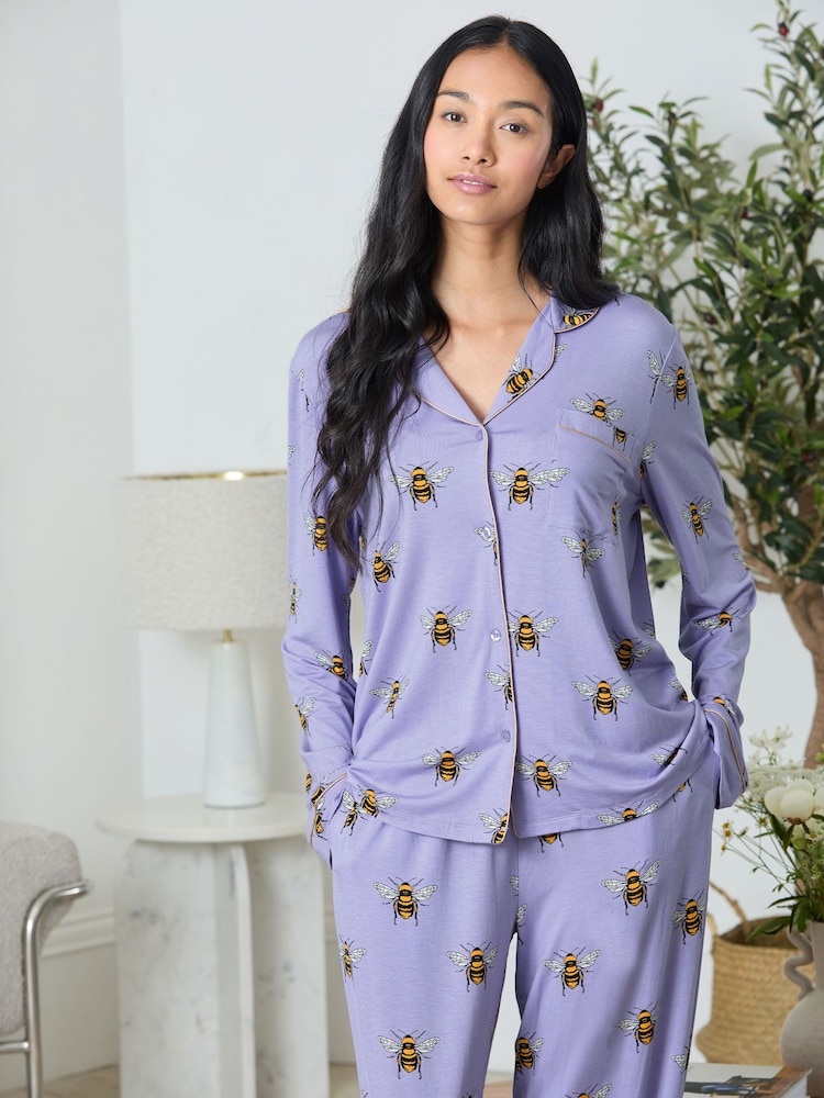 Chelsea Peers Purple TENCEL™ Modal Bee Print Long Pyjamas Set - Image 2 of 7 Chelsea Peers Purple TENCEL™ Modal Bee Print Long Pyjamas Set - Image 2 of 7