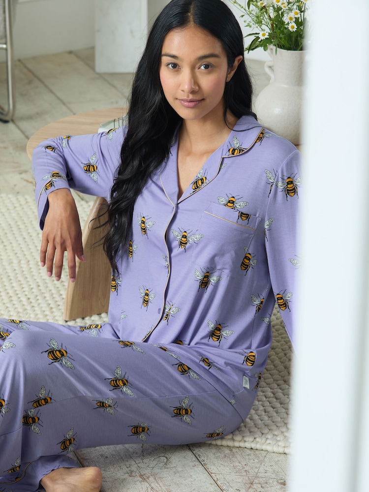 Chelsea Peers Purple TENCEL™ Modal Bee Print Long Pyjamas Set - Image 7 of 7 Chelsea Peers Purple TENCEL™ Modal Bee Print Long Pyjamas Set - Image 7 of 7