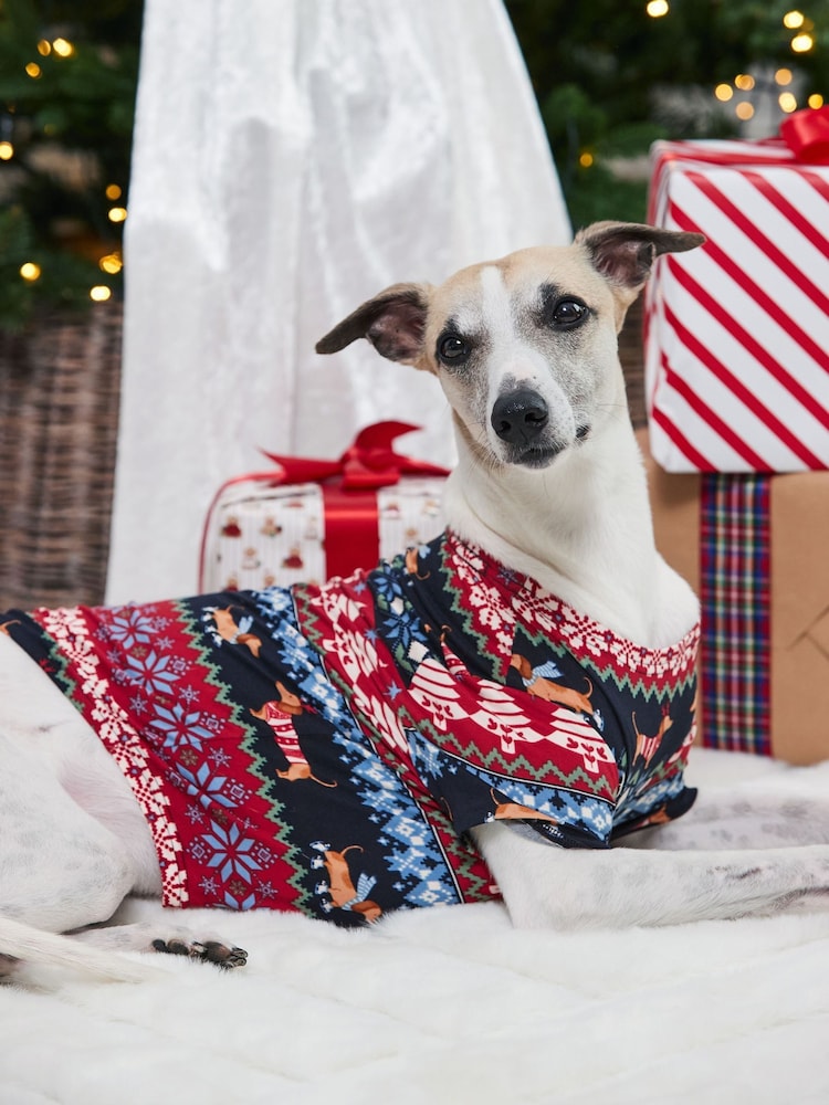 Chelsea Peers Blue Pet Christmas Dog Fair Isle Print Pyjama T-Shirt - Image 1 of 4 Chelsea Peers Blue Pet Christmas Dog Fair Isle Print Pyjama T-Shirt - Image 1 of 4