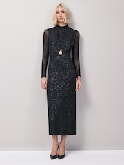 Ro&Zo Black Petite Cleo Flocked Cut Out Detail Dress - Image 1 of 4