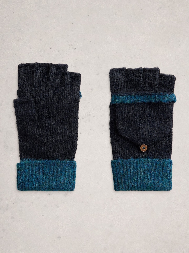 White Stuff Blue Emma Knitted Flip Mitten Gloves - Image 1 of 3