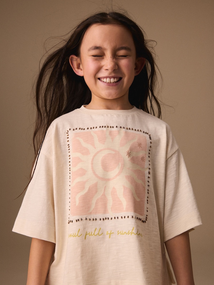 Ecru soare - Beaded Oversized Boxy T-Shirt (3-16yrs) - Imaginea 1 din 5