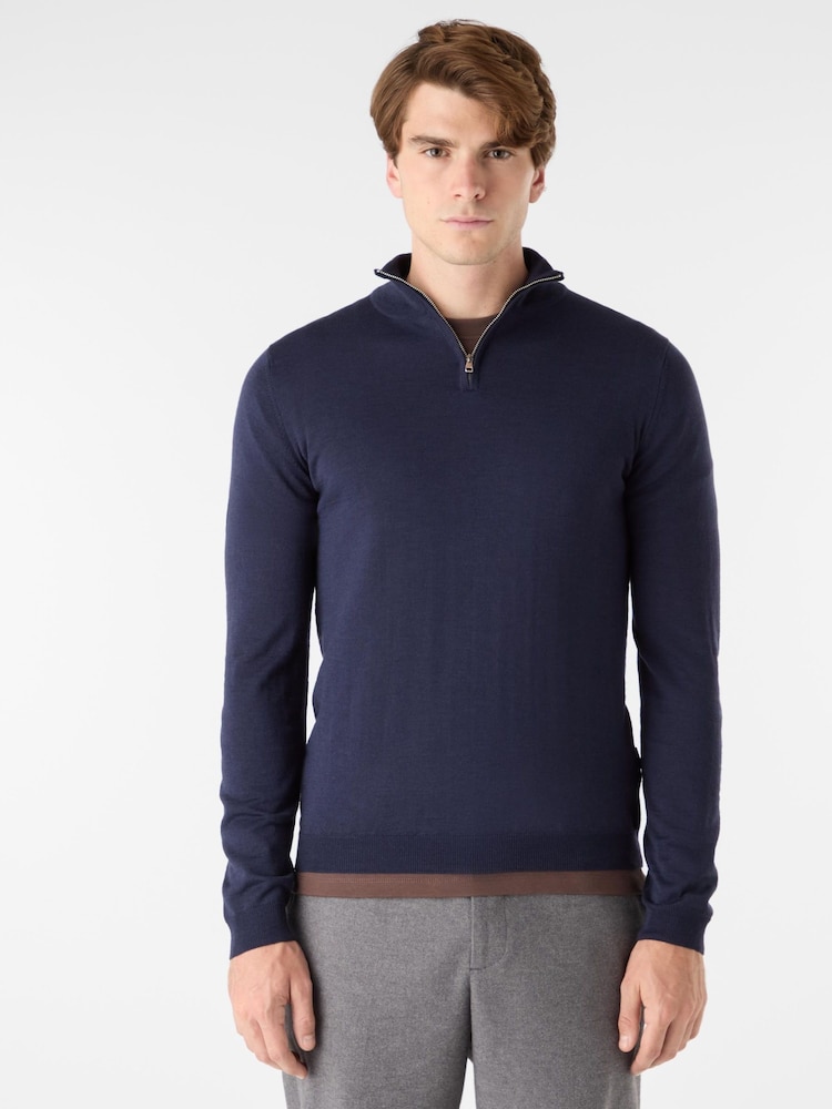 Oliver Sweeney Blue Merino Wool Quarter Zip - Image 1 of 5 Oliver Sweeney Blue Merino Wool Quarter Zip - Image 1 of 5