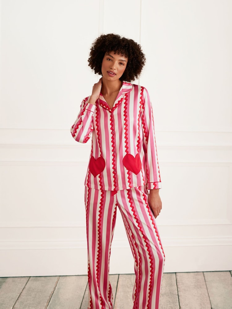 Chelsea Peers Pink Satin Heart Pocket Stripe Print Long Pyjamas Set - Image 5 of 5 Chelsea Peers Pink Satin Heart Pocket Stripe Print Long Pyjamas Set - Image 5 of 5