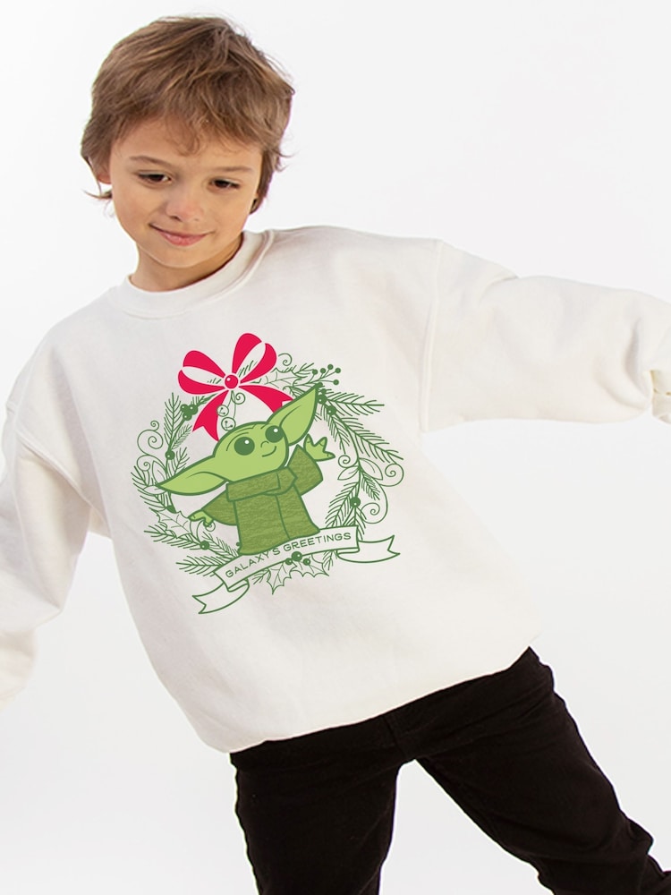 Brands In White Star Wars Yoda Galaxy Greetings Christmas Sweatshirt - Image 1 of 5