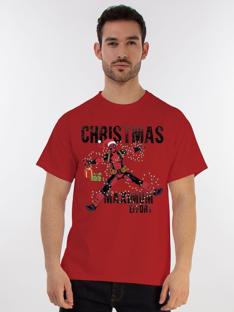 Brands In Red Marvel Deadpool Maximum Effort Christmas T-Shirt - Image 1 of 5