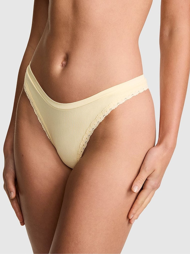 Victoria's Secret Pink Palest Yellow Thong Seamless Ribbed Knickers - Image 1 of 2