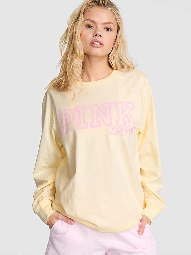 Victoria's Secret Pink Palest Yellow Cotton Long Sleeve T-Shirt - Image 1 of 2