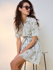 Экру/Сары гүлдүү басылма - Short Sleeve Tie Waist Shirt Dress - 4ичинен 1 сүрөт