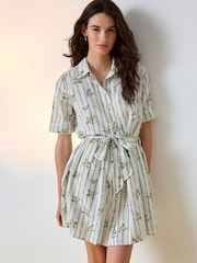 Экру/Сары гүлдүү басылма - Short Sleeve Tie Waist Shirt Dress - 4ичинен 2 сүрөт