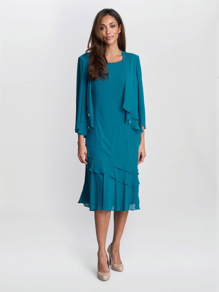 Gina Bacconi Green Lola Jacket And Asymmetric Triple Tiered Dress - Imagem 1 de 6