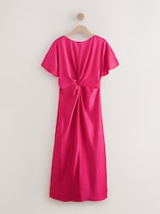 Bright Pink Textured Satin Short Sleeve Twist Front Midi Dress - Image 1 of 3