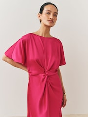Bright Pink Textured Satin Short Sleeve Twist Front Midi Dress - Image 4 of 7