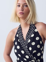 Черный с узором в горошек - Летнее платье мини с халтером и шарфом - Изображение 4 8