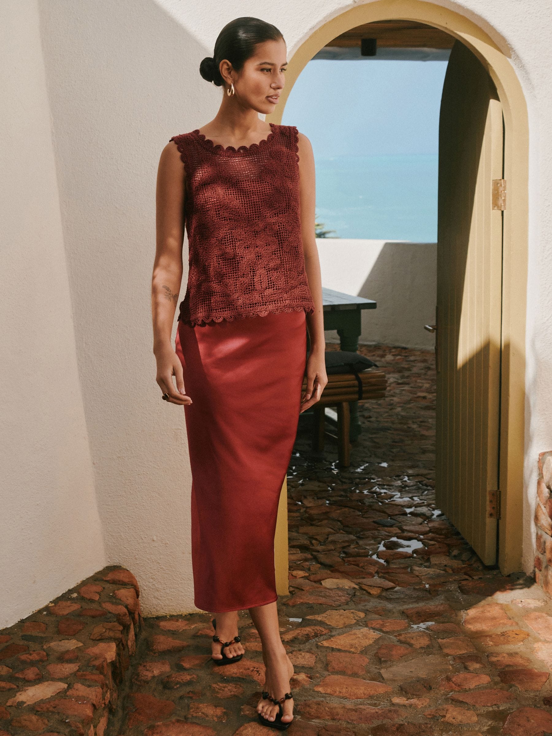 Rust Brown Sleeveless 2-in-1 Crochet Maxi Dress