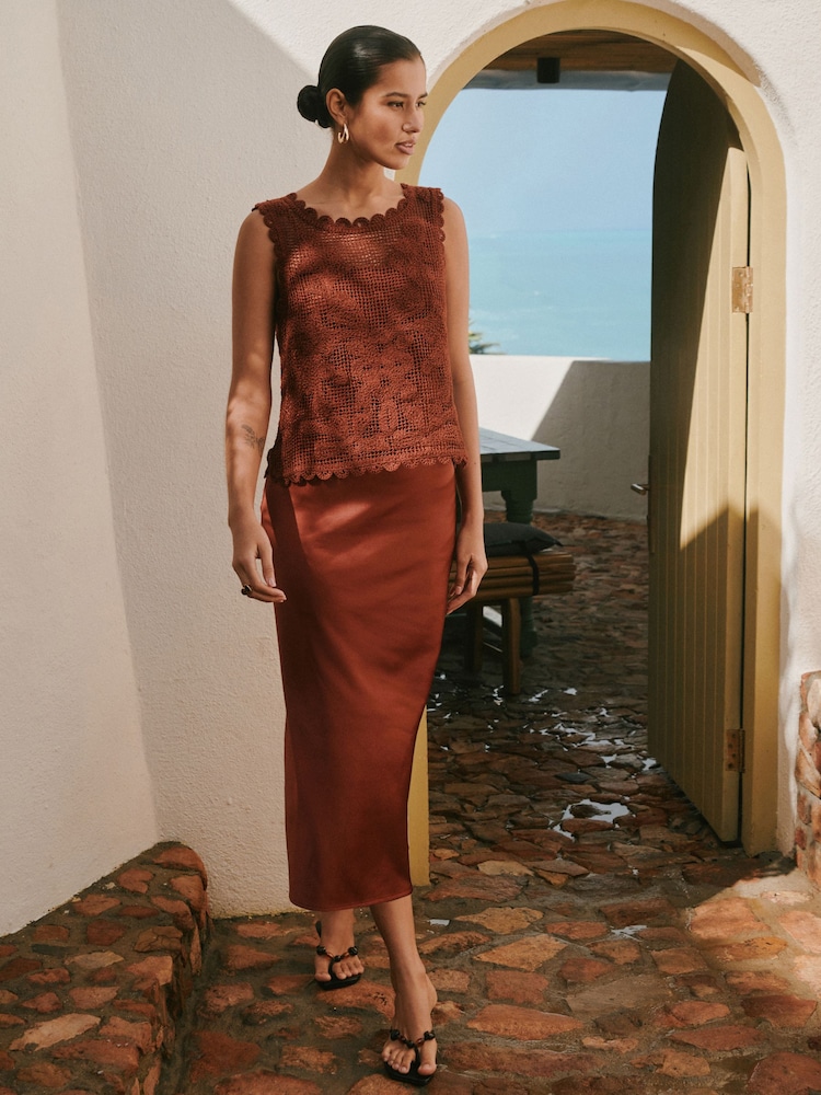 Rust Brown Sleeveless 2-in-1 Crochet Maxi Dress - Image 1 of 6