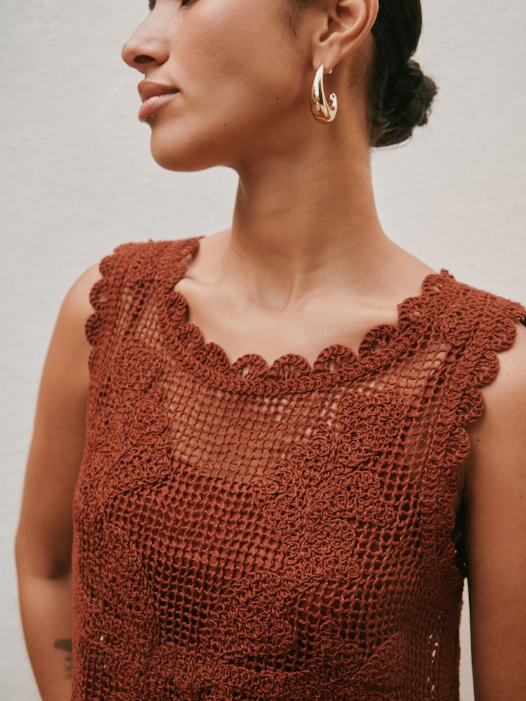 Rust Brown Sleeveless 2-in-1 Crochet Maxi Dress - Image 6 of 6