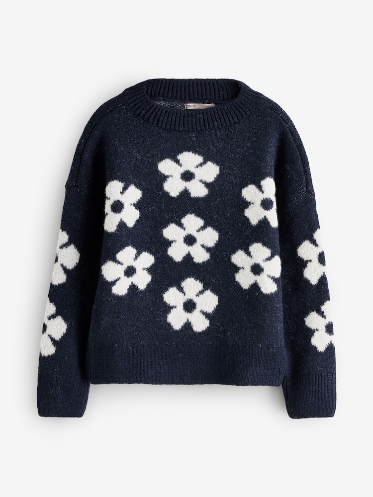 ONLY KIDS Blue Knitted Floral Jumper - Image 1 of 1 ONLY KIDS Blue Knitted Floral Jumper - Image 1 of 1