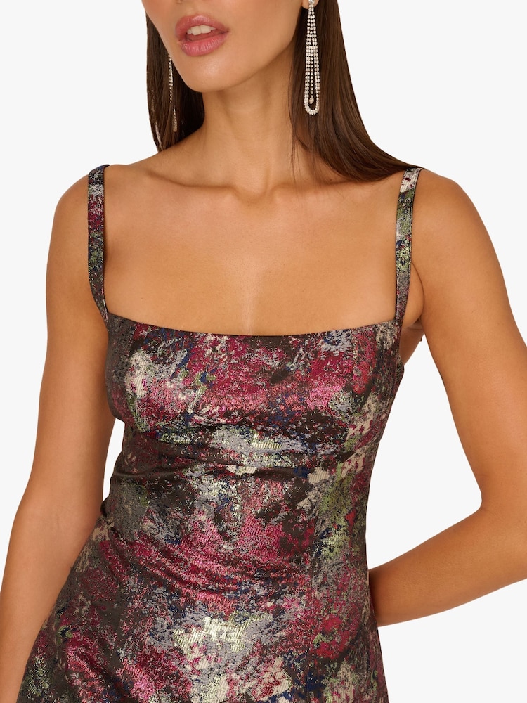 Sleeveless Metallic Jacquard Cocktail Dress In Red Multi Sleeveless Metallic Jacquard Cocktail Dress In Red Multi