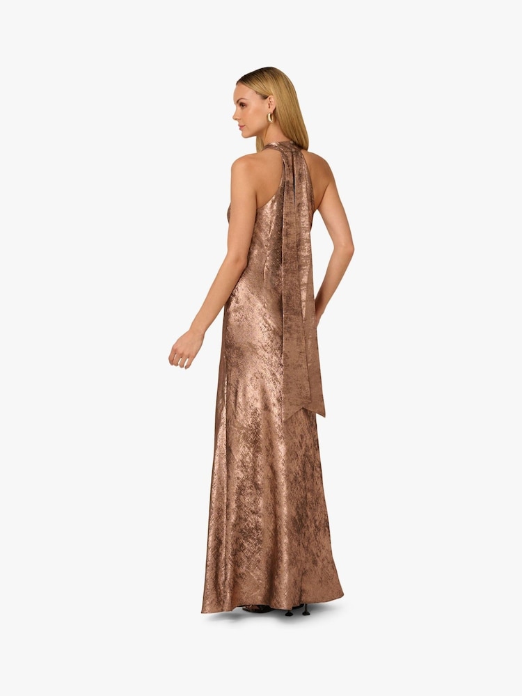 Adrianna By Adrianna Papell Foiled Woven Halter Brown Gown - Image 2 of 6 Adrianna By Adrianna Papell Foiled Woven Halter Brown Gown - Image 2 of 6