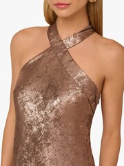 Adrianna By Adrianna Papell Foiled Woven Halter Brown Gown - Image 3 of 6