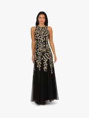 Adrianna Papell Halter Bead Godet Black Dress - Image 1 of 6