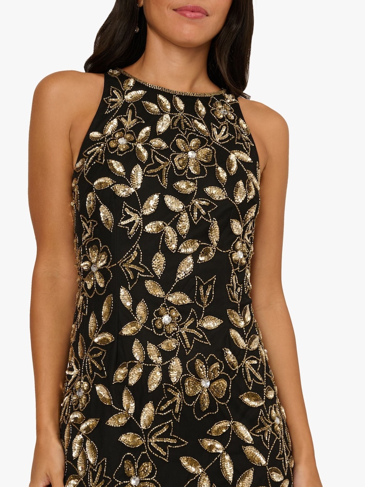 adrianna papell black and gold dress Adrianna Papell Black with Metallic Gold Floral Print Dress, Size 12