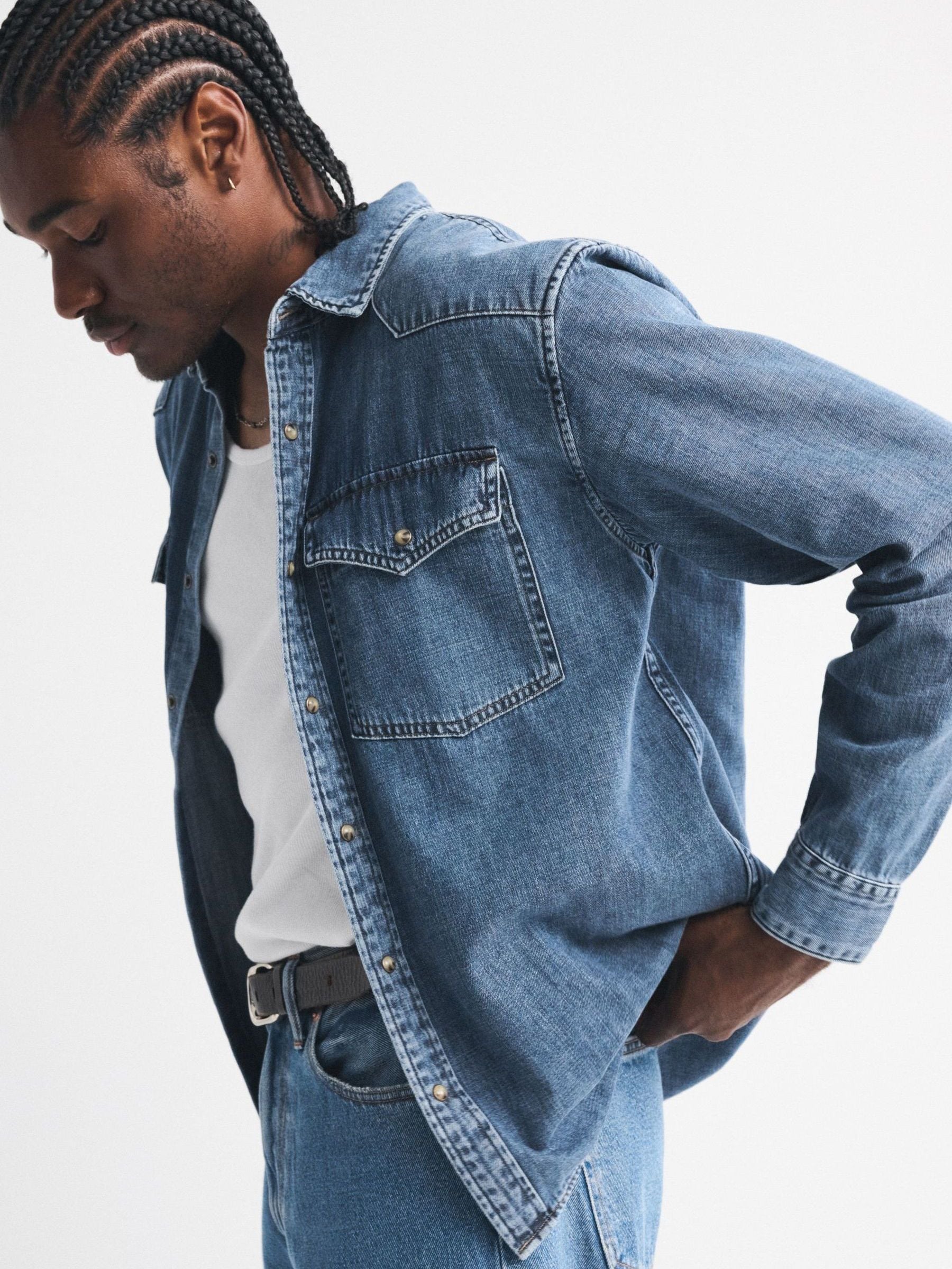 Buy Abercrombie & Fitch Blue Long Sleeve Curved Hem Denim Shirt