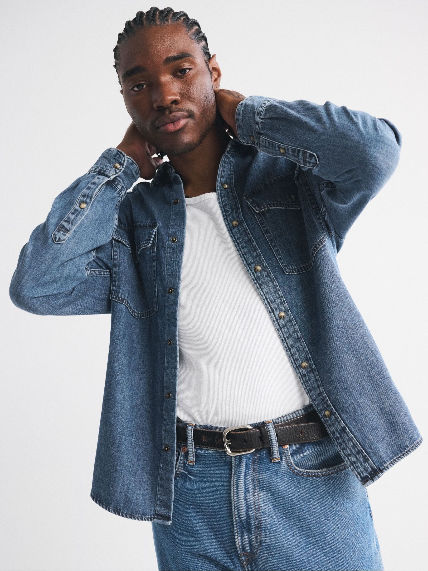 Buy Abercrombie & Fitch Blue Long Sleeve Curved Hem Denim Shirt
