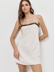 Aruelle Cream Ada Silky Spot Design Trimmed In Fine Lace Short Nightdress - Image 1 of 3