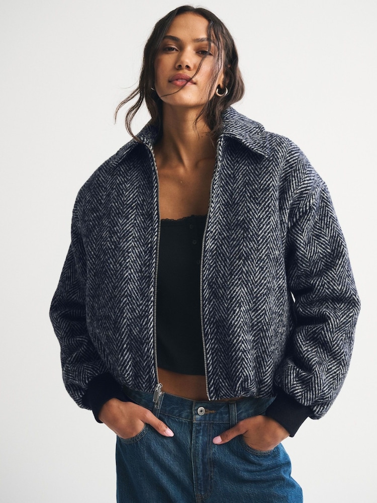 Abercrombie & Fitch Grey Wool Herringbone Short Bubble Hem Coat - Image 1 of 7