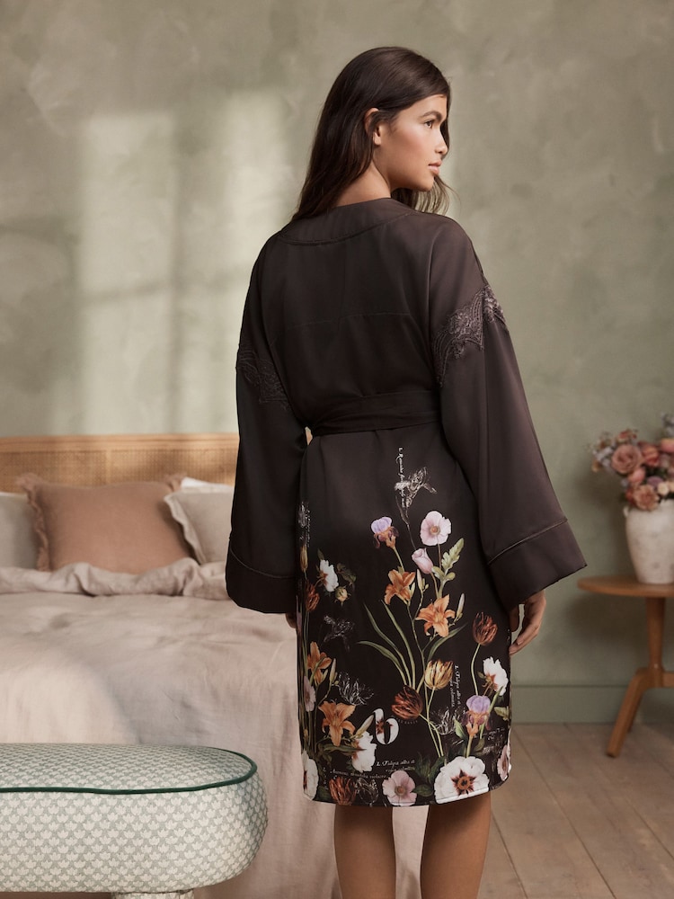 B by Ted Baker Chocolate Brown Floral Satin Robe - Image 2 of 12