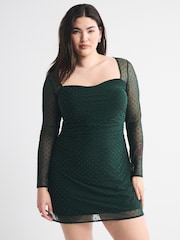Abercrombie & Fitch Green Flocked Long Sleeve Sweetheart Mini Dress - Image 3 of 6