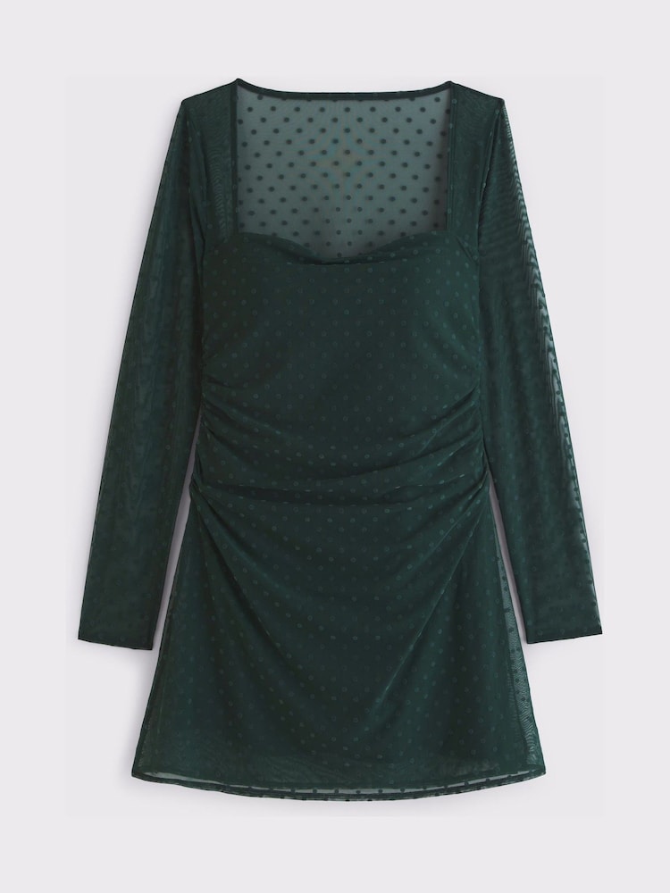 Abercrombie & Fitch Green Flocked Long Sleeve Sweetheart Mini Dress - Image 6 of 6