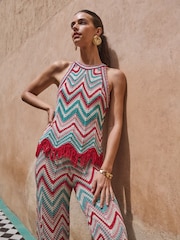 Lipsy Green Zig Zag Fringe Detail Halter Top - Image 1 of 4