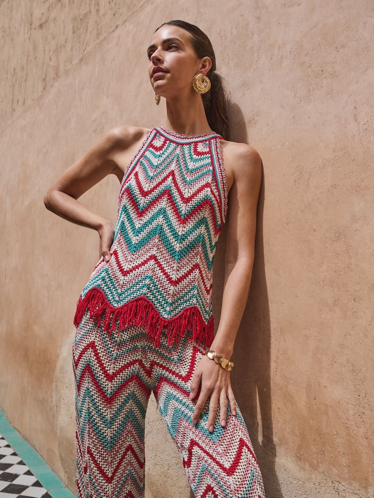 Lipsy Green Zig Zag Fringe Detail Halter Top - Image 1 of 4