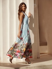 Lipsy Light Blue X Mandy Sade Halter Neck Floral Print Plunge Midaxi Dress - Image 4 of 4