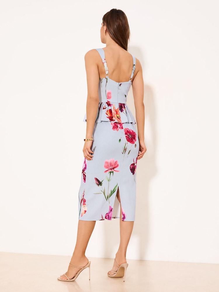 Lipsy Light Blue Floral Print Peplum Linen Look Midi Dress - Image 4 of 4 Lipsy Light Blue Floral Print Peplum Linen Look Midi Dress - Image 4 of 4