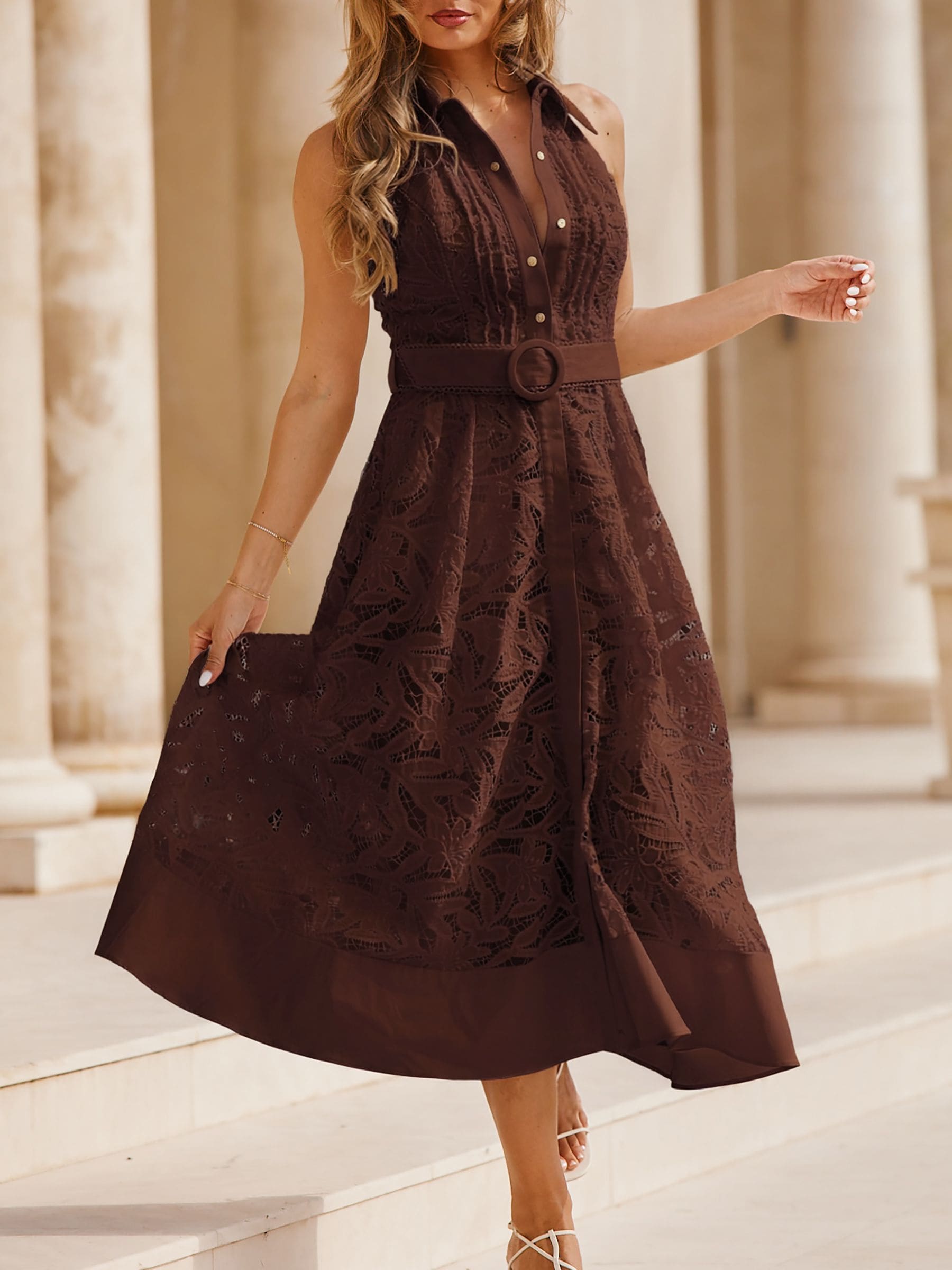 Buy Lipsy Premium Chocolate Brown Cutwork Lace Halter Neck Midi