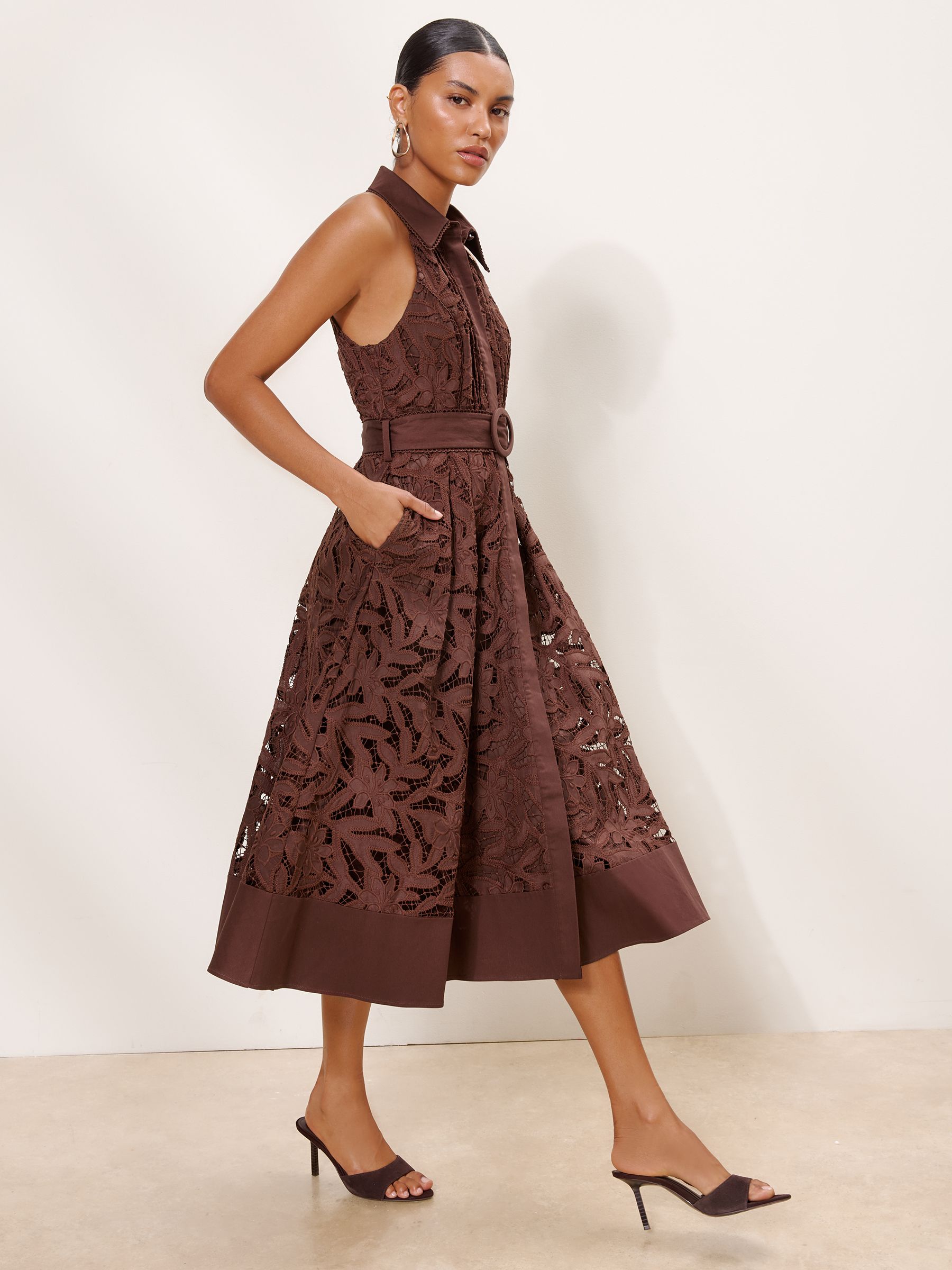 Buy Lipsy Premium Chocolate Brown Cutwork Lace Halter Neck Midi