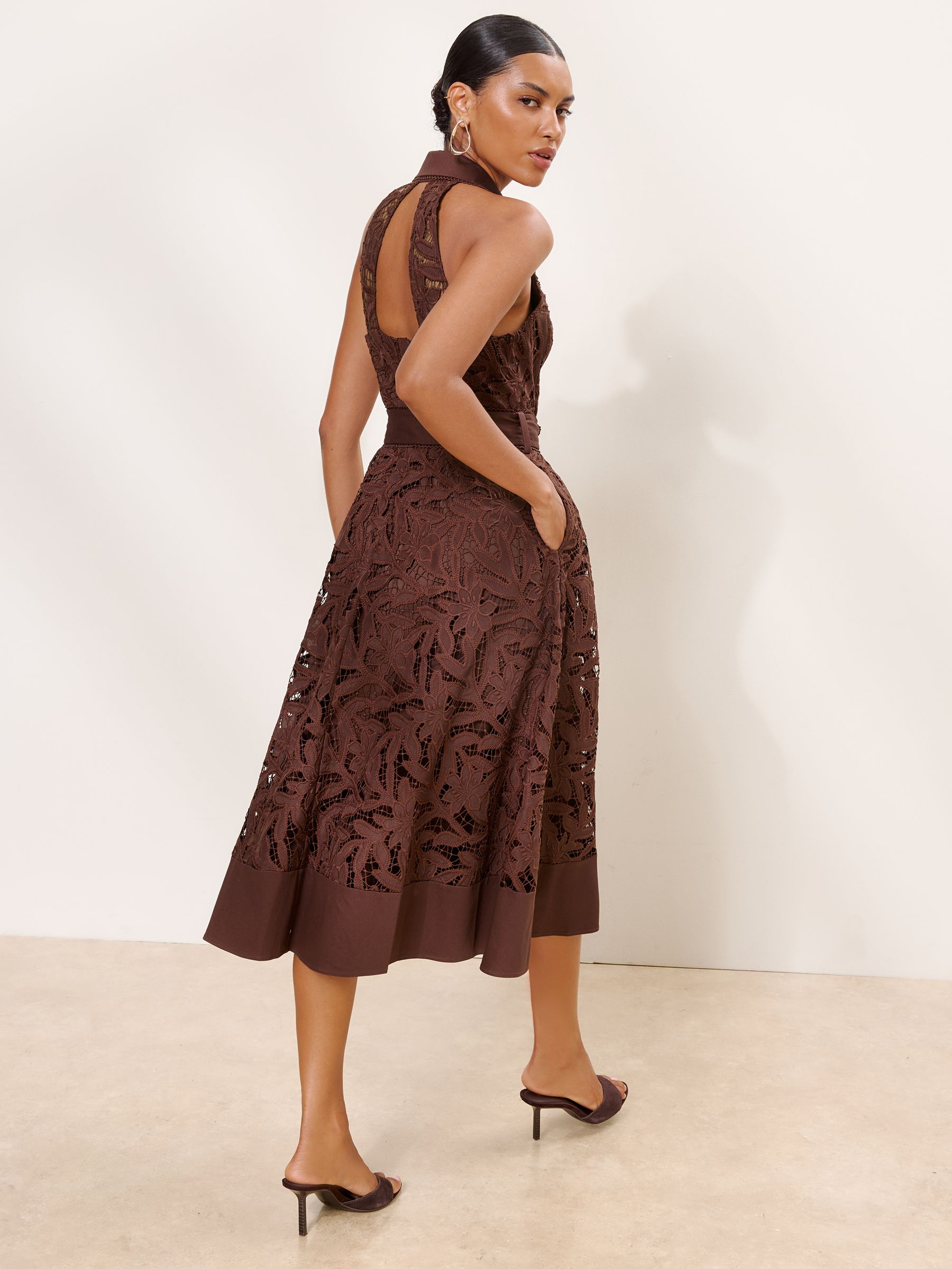 Buy Lipsy Premium Chocolate Brown Cutwork Lace Halter Neck Midi