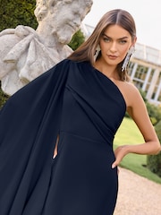 Lipsy Navy Bridesmaid One Shoulder Cape Draped Sleeve Maxi Dress - Image 4 of 5