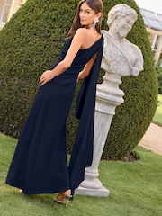 Lipsy Navy Bridesmaid One Shoulder Cape Draped Sleeve Maxi Dress - Image 5 of 5