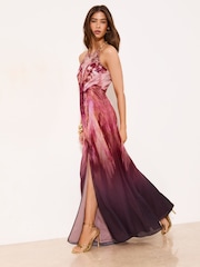 Lipsy Pink Butterfly Print Embellished Halter Tie Bead Maxi Dress - Image 1 of 5